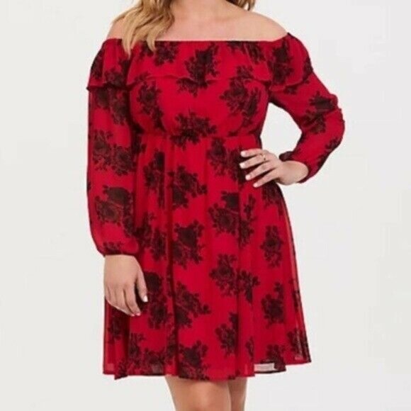 Torrid Floral Dress Red Black SZ 0 Large Off Shoulder Party Skater Cocktail NEW - Picture 7 of 7